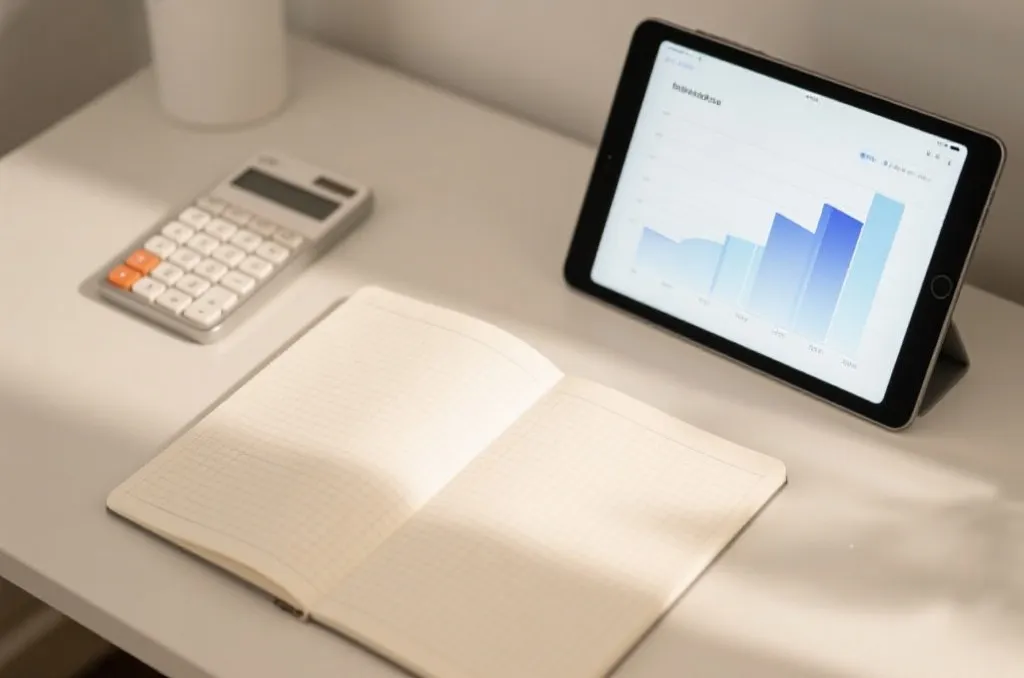 A neutral digital workspace scene with a modern calculator, a blank notebook with simple grid lines, and a tablet displaying clean, abstract statistical graphs, soft natural lighting